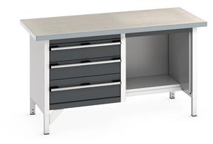 Bott Cubio Storage Workbench 1500mm wide x 750mm Deep x 840mm high supplied with a Linoleum worktop (particle board core with grey linoleum surface and plastic edgebanding), 3 x Drawers (1 x 200mm & 2 x 150mm high)  and 1 x open section with... 1500mm Wide Engineers Storage Benches with Cupboards & Drawers